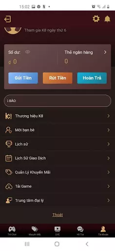 Giao diện tải game khi đăng ký k8 trên điện thoại