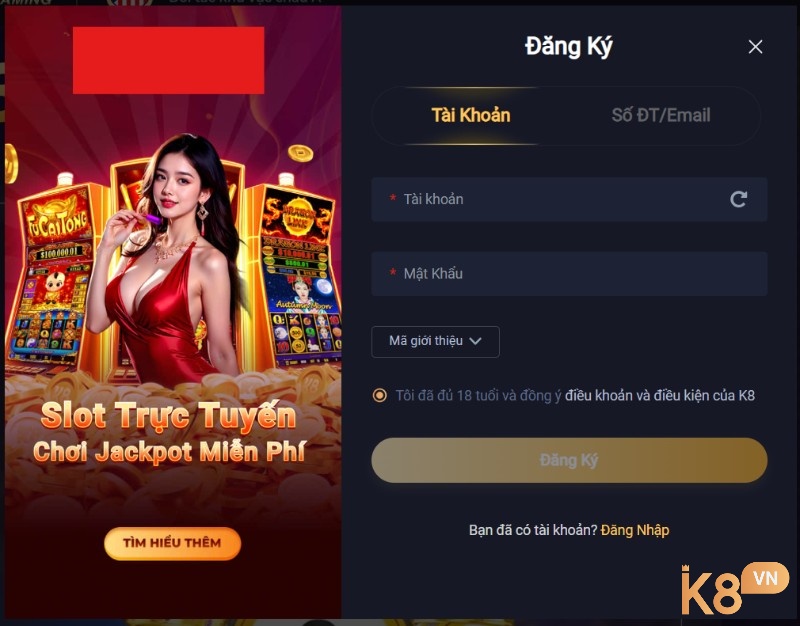 Giao diện đăng ký tài khoản nhà cái K8