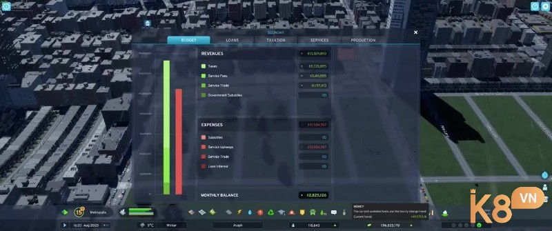 Cities: Skylines cho phép bạn điều chỉnh hệ thống thuế, điện nước và hạ tầng, từ đó quyết định sự hài lòng của người dân